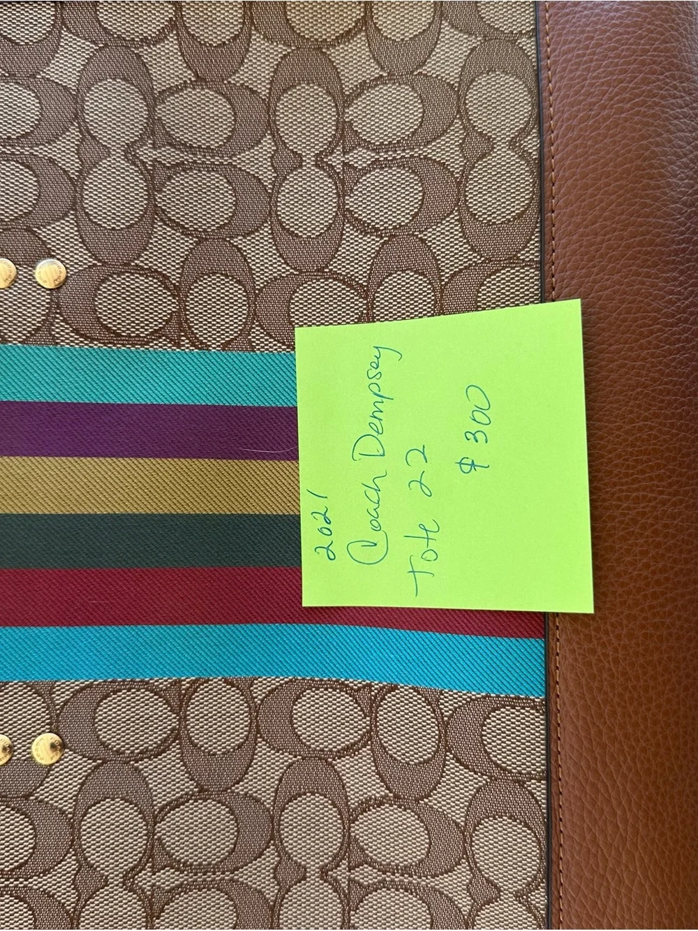 Coach Brown Signature Canvas Tote with Multicolor Vertical Stripe - Picture 6 of 11